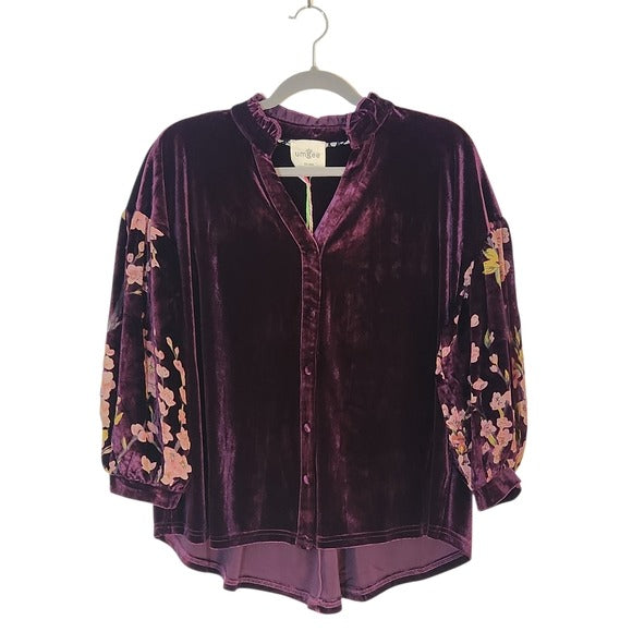 Umgee Plum Velvet Top with Burnout Statement Sleeves Size Large NWT