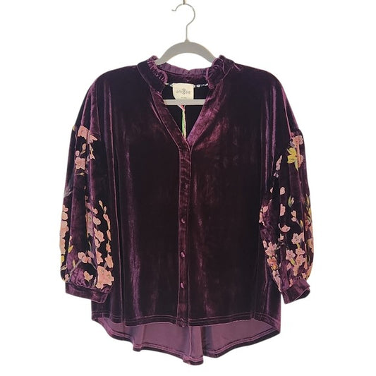 Umgee Plum Velvet Top with Burnout Statement Sleeves Size Large NWT