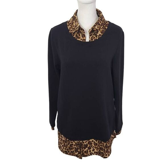 Isaac Mizrahi Black Leopard Layered Top Size Small Leopard Blouse