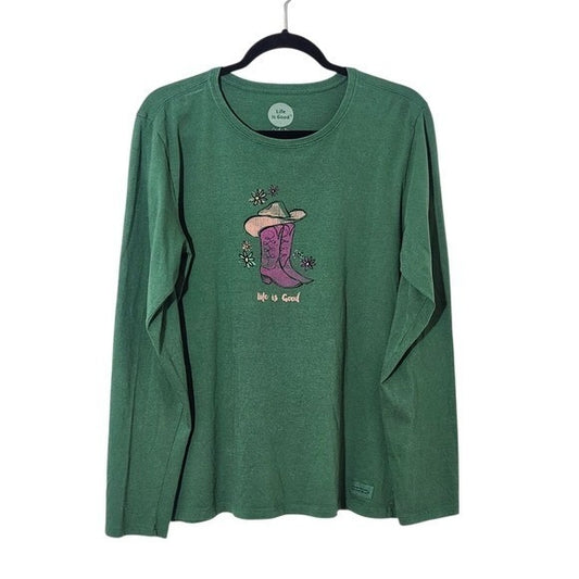 Life Is Good Long Sleeve Green Tee with Pink Boots and Cowboy Hat Size Large