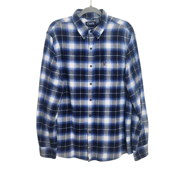Chaps Mens Blue Plaid Flannel Shirt Size XL
