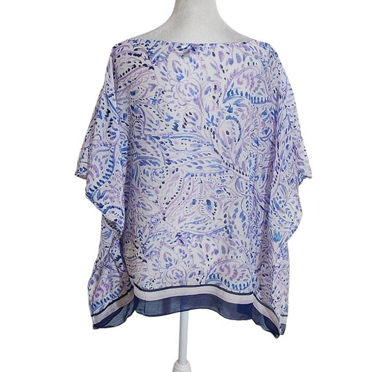 Talbots Semi-Sheer Purple and Blue Paisley Poncho Blouse Size Large