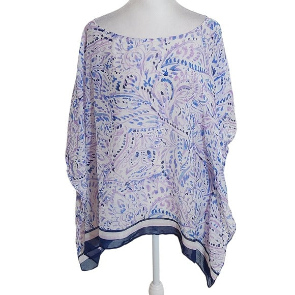 Talbots Semi-Sheer Purple and Blue Paisley Poncho Blouse Size Large