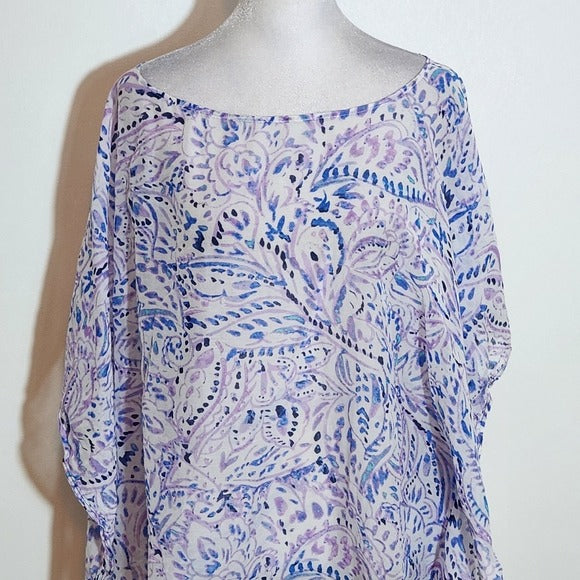 Talbots Semi-Sheer Purple and Blue Paisley Poncho Blouse Size Large