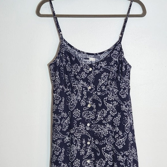 Be Cool Navy and White Boho Paisley Maxi Dress with Button-Up Front Size Medium