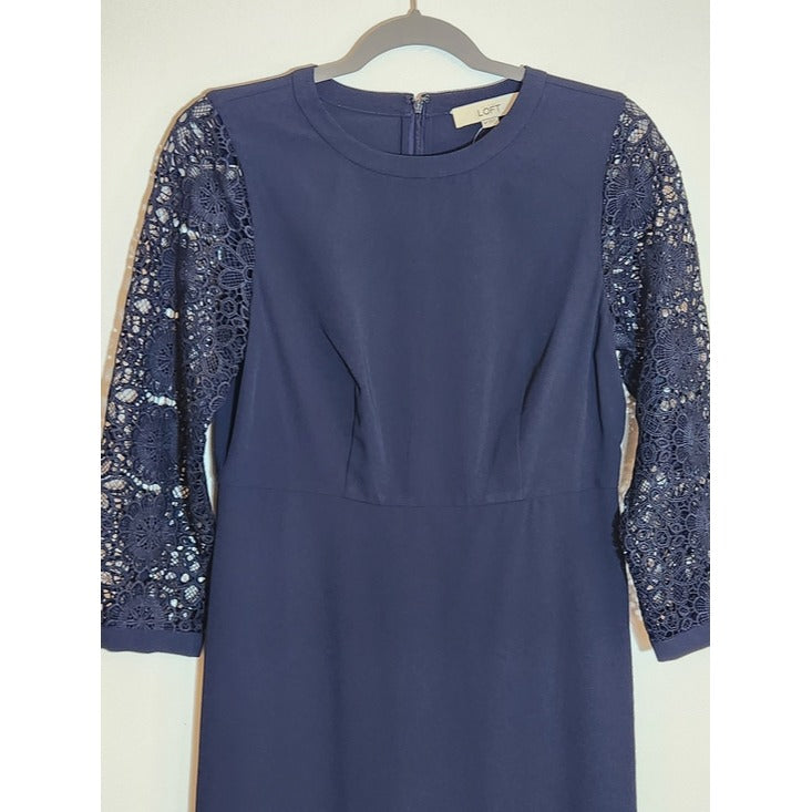 LOFT Navy Lace Sleeve Mini Sheath Dress Size 6 Petite NWT Wedding Guest Dress