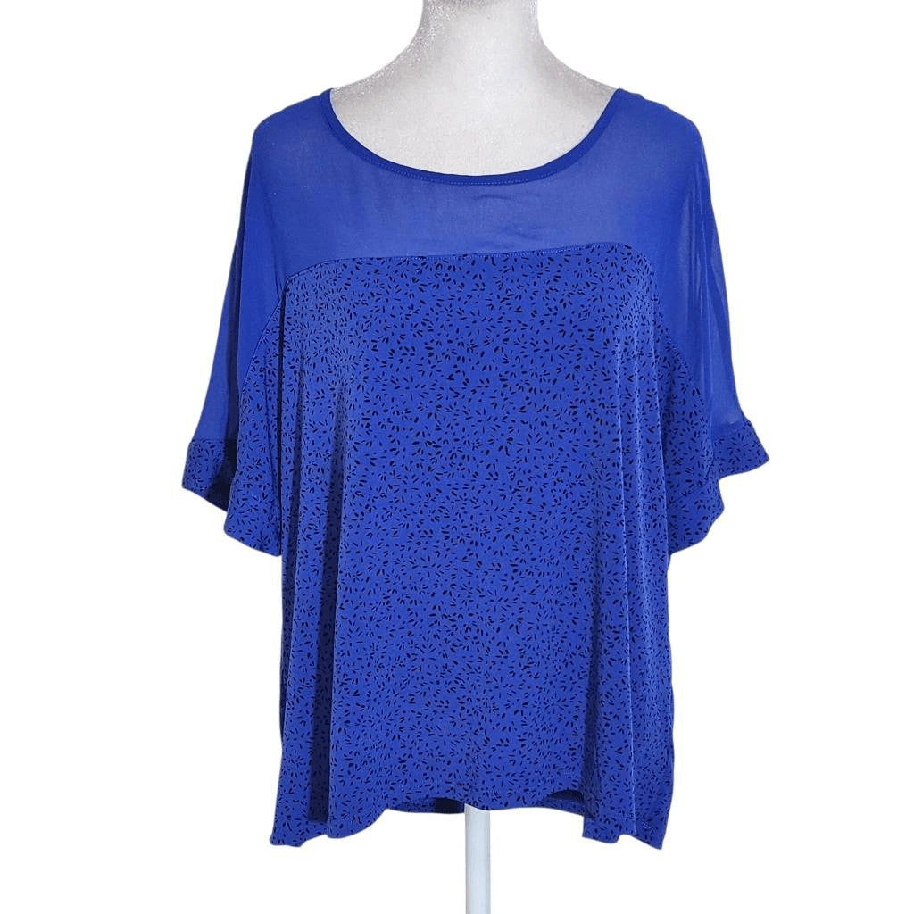 Vince Camuto Blue and Black Print Blouse with Sheer Accent Size Large Blue Top