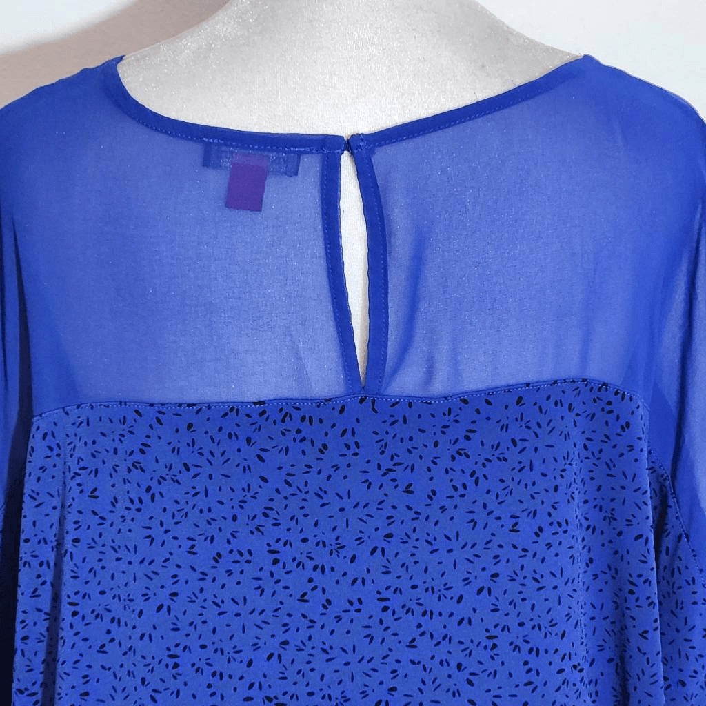 Vince Camuto Blue and Black Print Blouse with Sheer Accent Size Large Blue Top