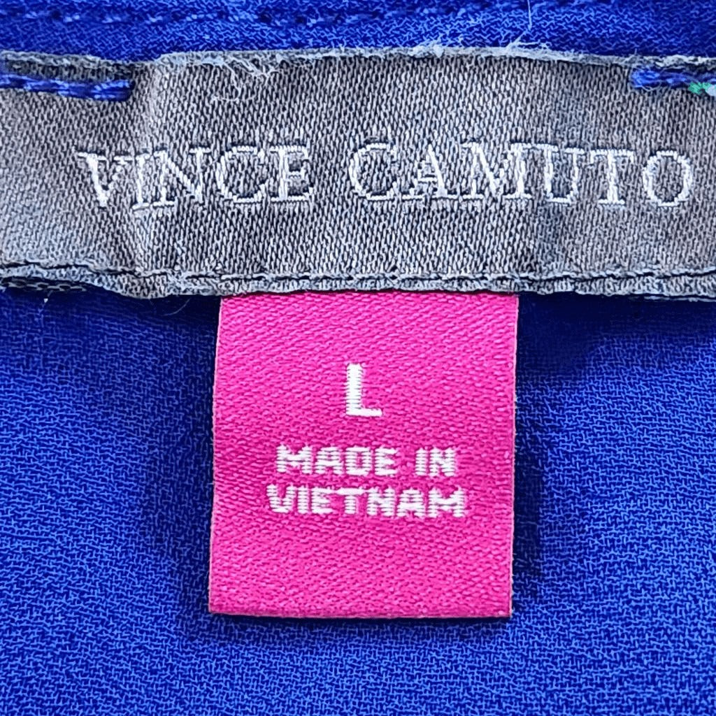 Vince Camuto Blue and Black Print Blouse with Sheer Accent Size Large Blue Top