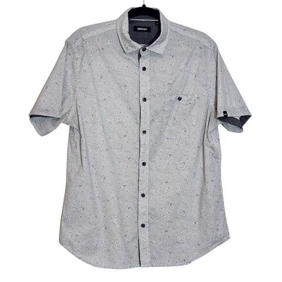 DKNY White and Black Logo Print Short Sleeve Button Down Shirt Size Large