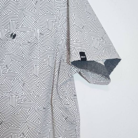 DKNY White and Black Logo Print Short Sleeve Button Down Shirt Size Large
