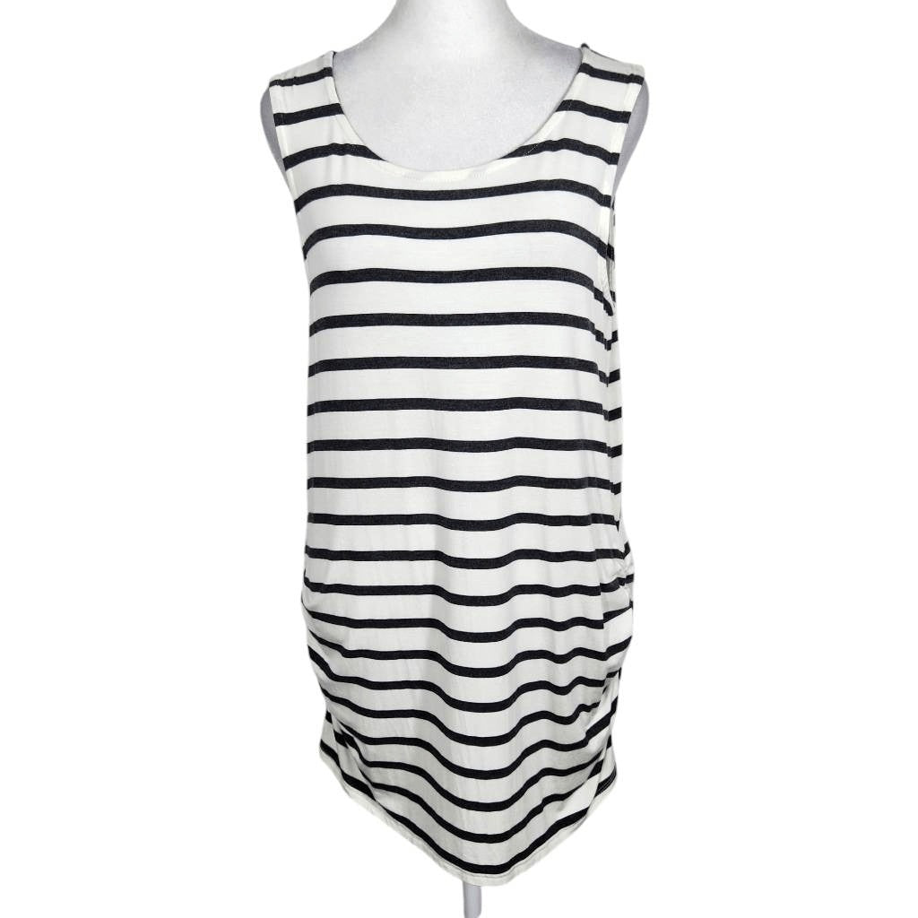 Loveappella Black and White Stripe Sleeveless Tunic with Side Ruching Size Large