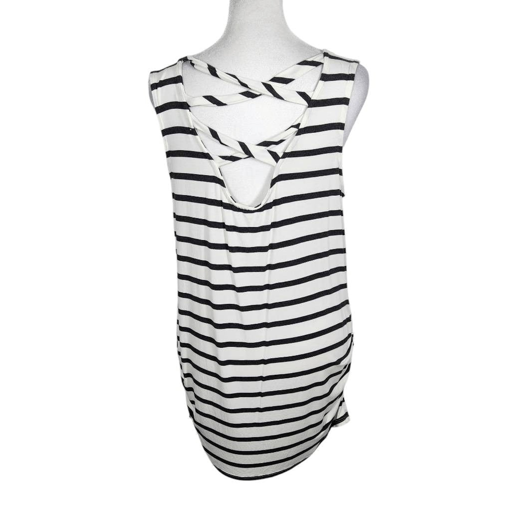 Loveappella Black and White Stripe Sleeveless Tunic with Side Ruching Size Large