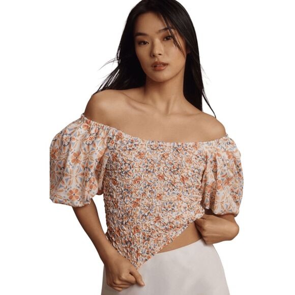 Dolan Orange and Blue Puffy Sleeve Off the Shoulder Smocked Blouse Size Large