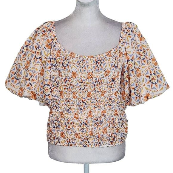 Dolan Orange and Blue Puffy Sleeve Off the Shoulder Smocked Blouse Size Large