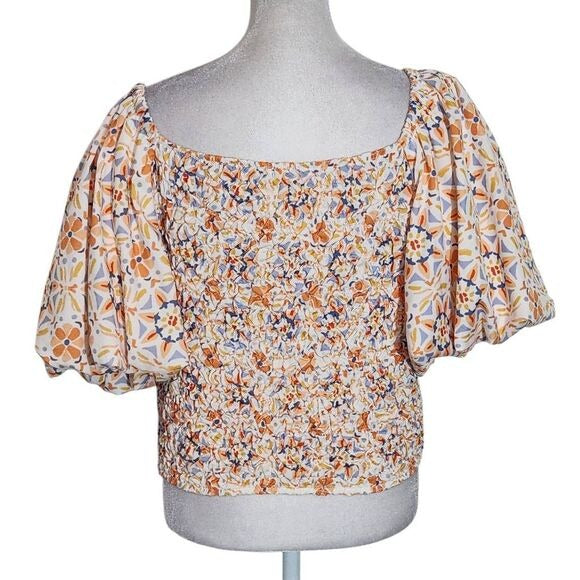 Dolan Orange and Blue Puffy Sleeve Off the Shoulder Smocked Blouse Size Large