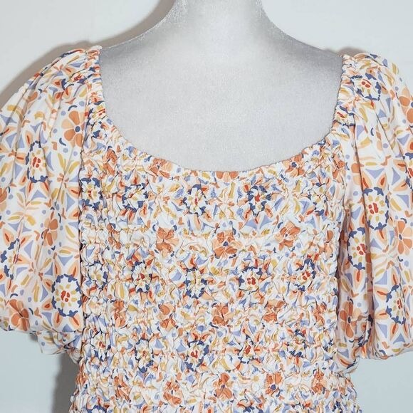 Dolan Orange and Blue Puffy Sleeve Off the Shoulder Smocked Blouse Size Large