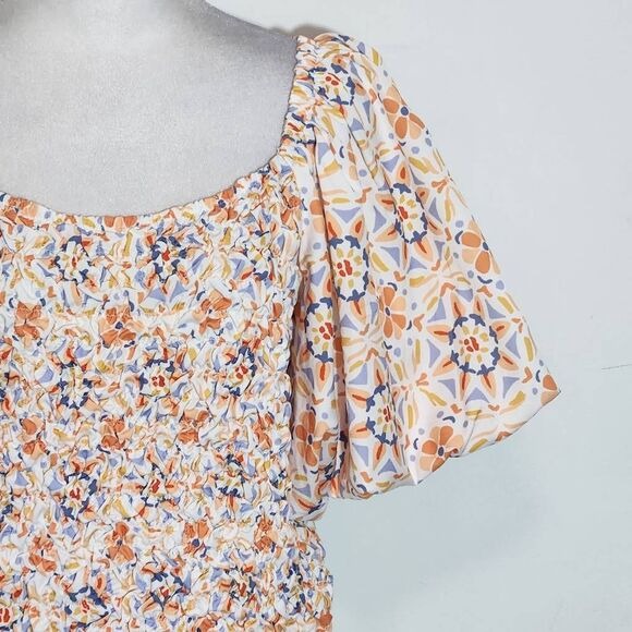 Dolan Orange and Blue Puffy Sleeve Off the Shoulder Smocked Blouse Size Large