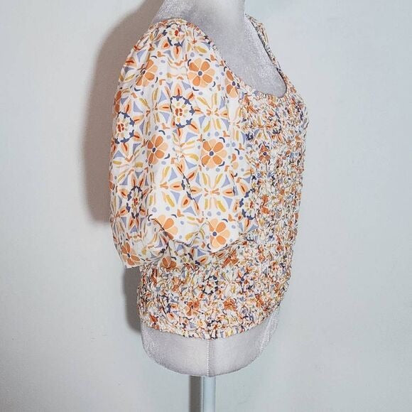 Dolan Orange and Blue Puffy Sleeve Off the Shoulder Smocked Blouse Size Large