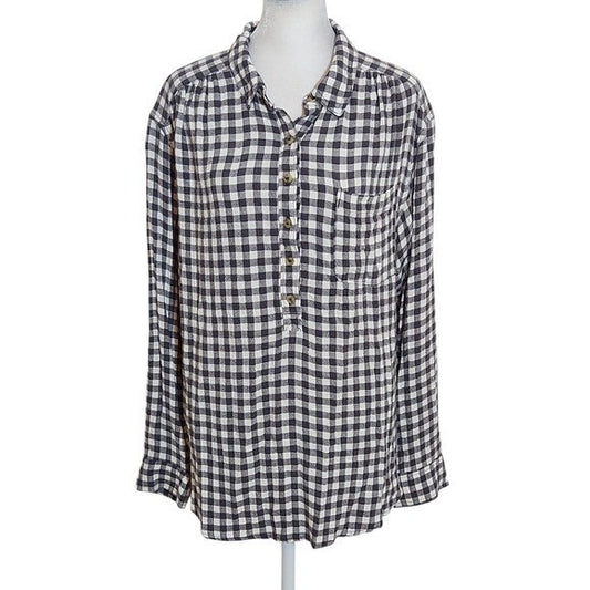 Anthropologie Black and White Check Shirt with Half-Button Down Style Size Large