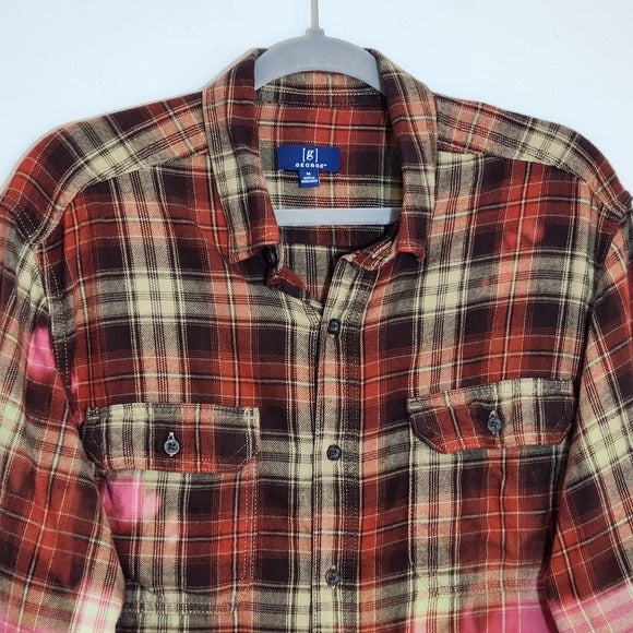 George Red Brown and Pink  Ombre Bleached Plaid Flannel Shirt Size Medium