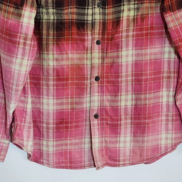 George Red Brown and Pink  Ombre Bleached Plaid Flannel Shirt Size Medium