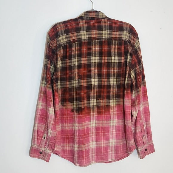 George Red Brown and Pink  Ombre Bleached Plaid Flannel Shirt Size Medium