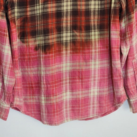 George Red Brown and Pink  Ombre Bleached Plaid Flannel Shirt Size Medium