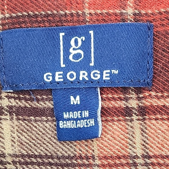 George Red Brown and Pink  Ombre Bleached Plaid Flannel Shirt Size Medium