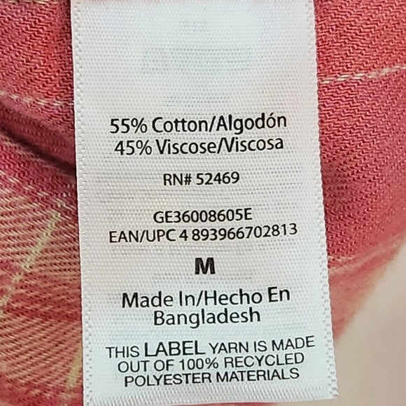 George Red Brown and Pink  Ombre Bleached Plaid Flannel Shirt Size Medium