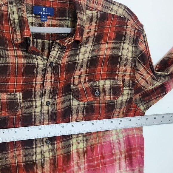 George Red Brown and Pink  Ombre Bleached Plaid Flannel Shirt Size Medium