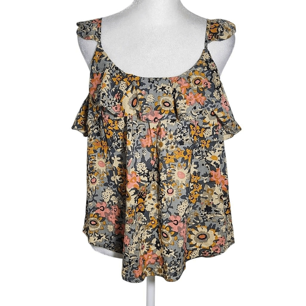 Bishop + Young Gray Floral Blouse with Ruffle Sleeves NWT Size Small Anthro Top