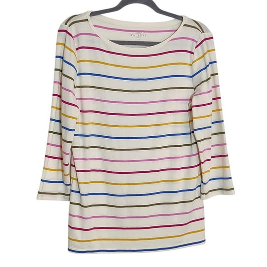 Talbots Cream Rainbow Stripe Boatneck Tee Size Large Petite