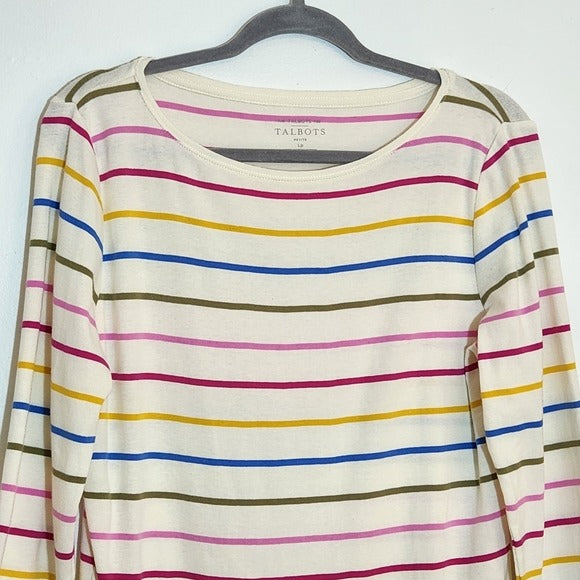 Talbots Cream Rainbow Stripe Boatneck Tee Size Large Petite