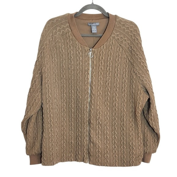 Kate & Mallory Khaki Brown Cable Knit Zip Up Cardigan Sweater Size XL