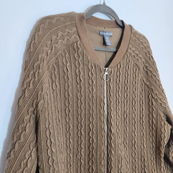 Kate & Mallory Khaki Brown Cable Knit Zip Up Cardigan Sweater Size XL