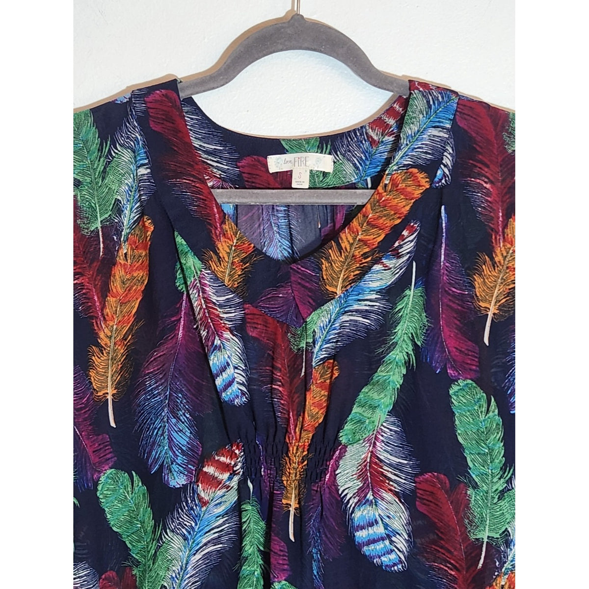 Love Fire Navy Multicolor Feather Print Poncho Blouse Boho Size Small