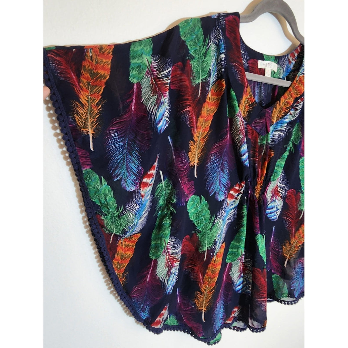 Love Fire Navy Multicolor Feather Print Poncho Blouse Boho Size Small