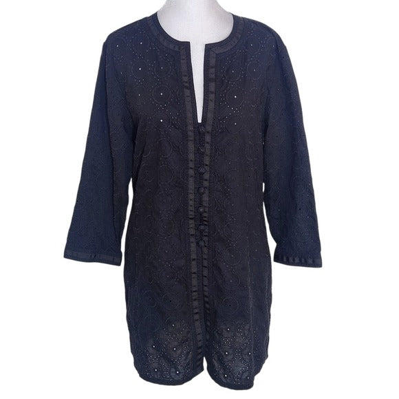 Chico’s Black Eyelet Cotton Jacket Size 1 Medium