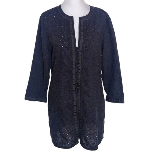 Chico’s Black Eyelet Cotton Jacket Size 1 Medium