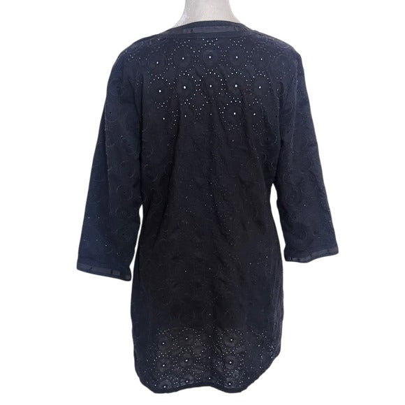 Chico’s Black Eyelet Cotton Jacket Size 1 Medium