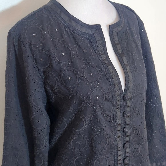 Chico’s Black Eyelet Cotton Jacket Size 1 Medium