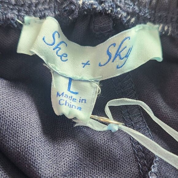 She + Sky Navy Print Wide Leg Jumpsuit Size Large New