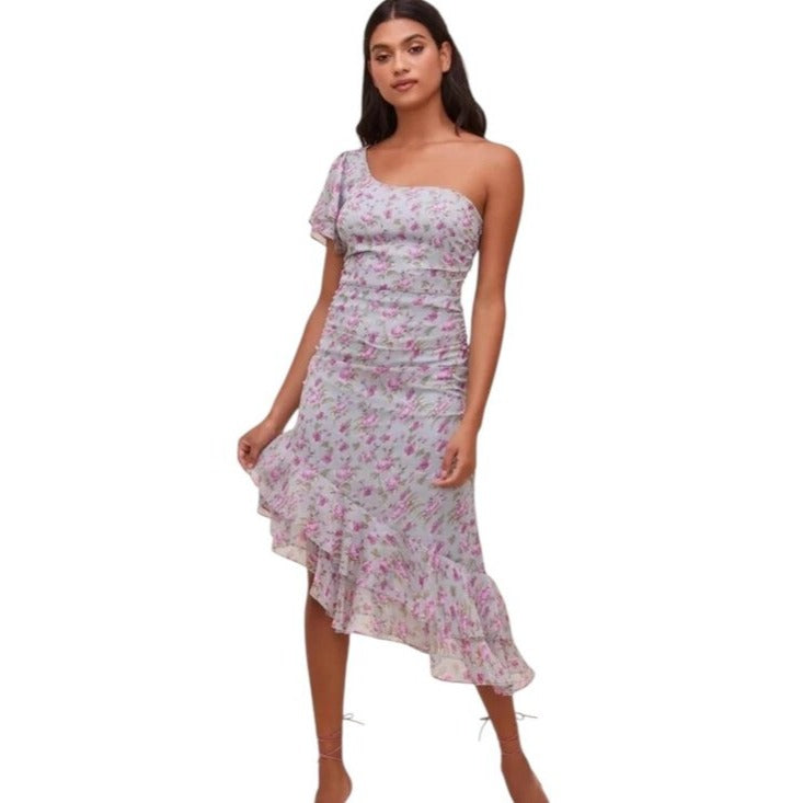 ASTR The Label Blue Floral One Shoulder Dress Size Large Wedding Guest Dress
