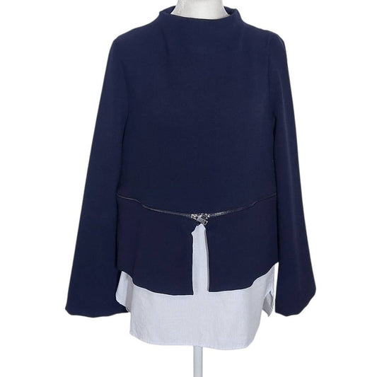 Zara Navy Knit Pullover with Zipper Hem and Blue Stripe Accent NWT Size Medium