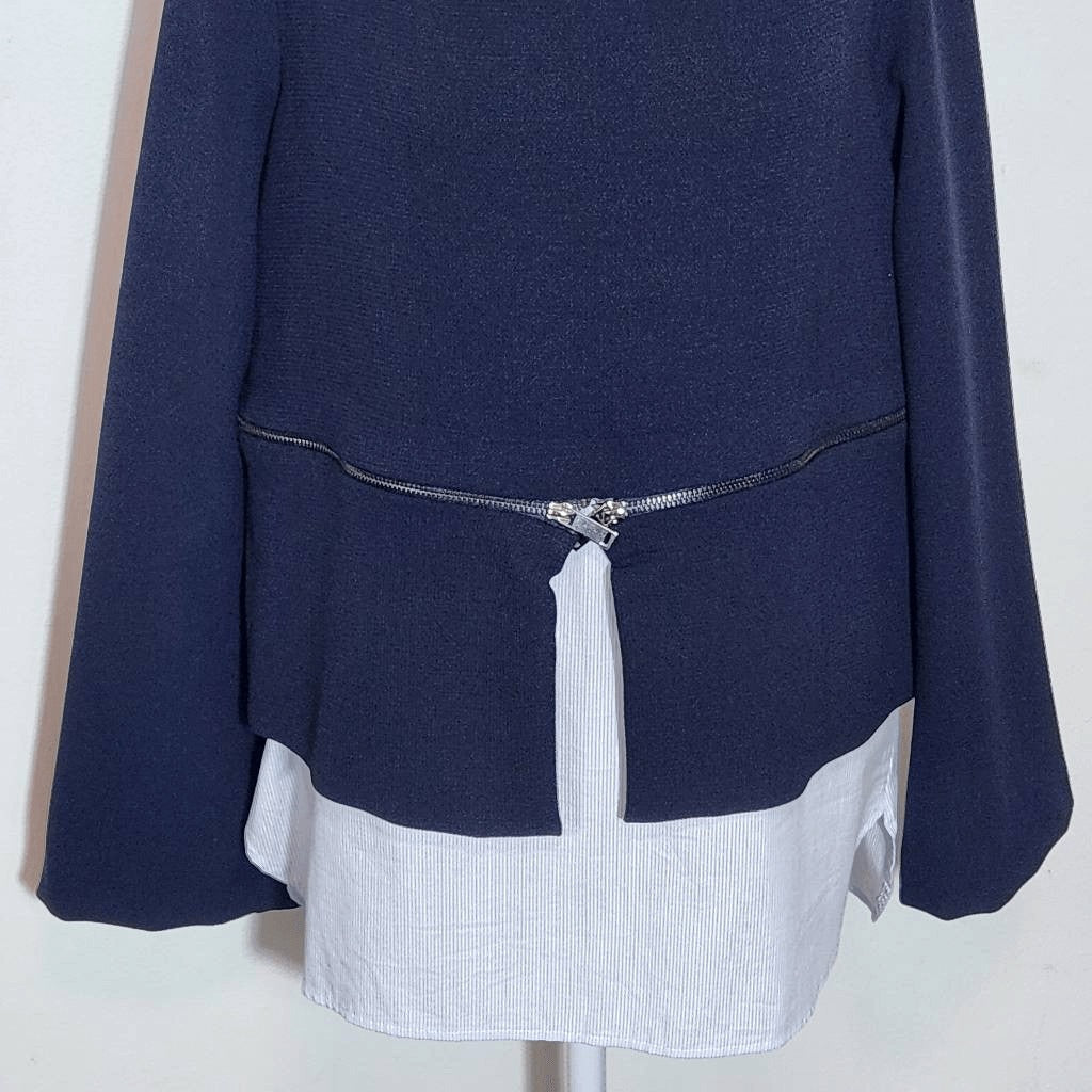 Zara Navy Knit Pullover with Zipper Hem and Blue Stripe Accent NWT Size Medium