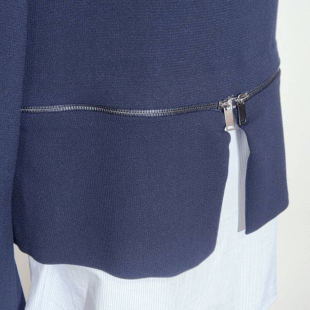 Zara Navy Knit Pullover with Zipper Hem and Blue Stripe Accent NWT Size Medium