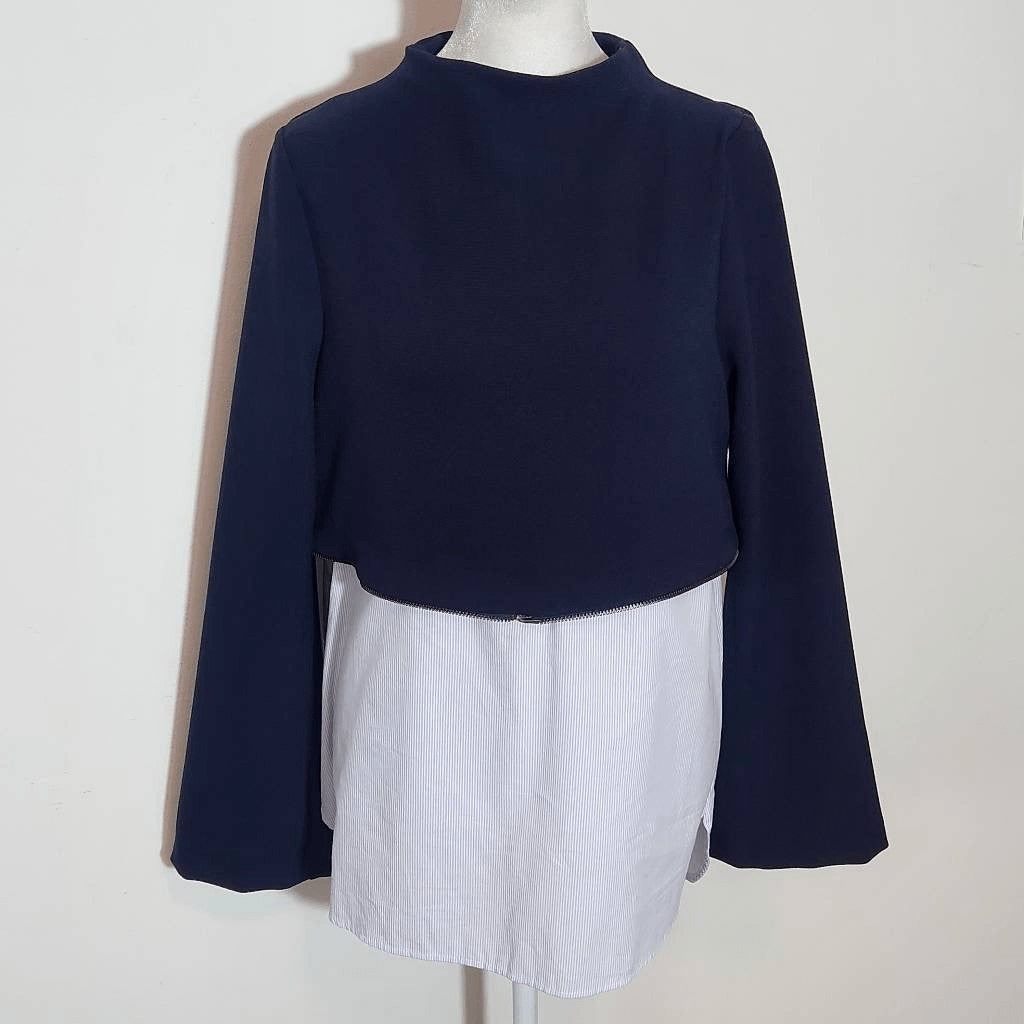 Zara Navy Knit Pullover with Zipper Hem and Blue Stripe Accent NWT Size Medium