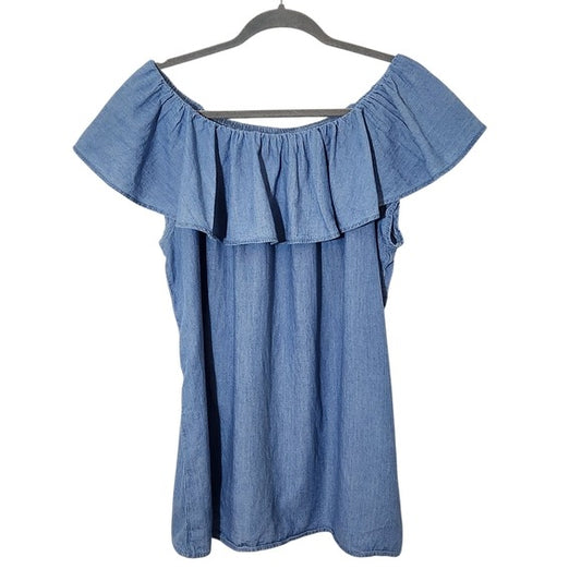 Faded Glory Blue Chambray Blouse with Ruffle Neckline Size XL 16-18
