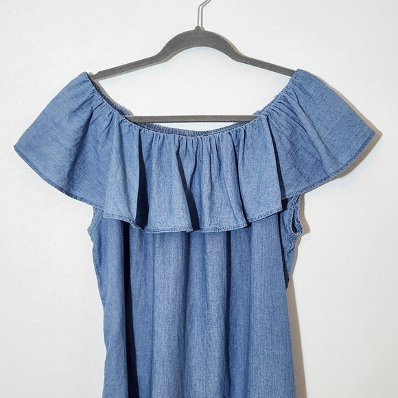 Faded Glory Blue Chambray Blouse with Ruffle Neckline Size XL 16-18